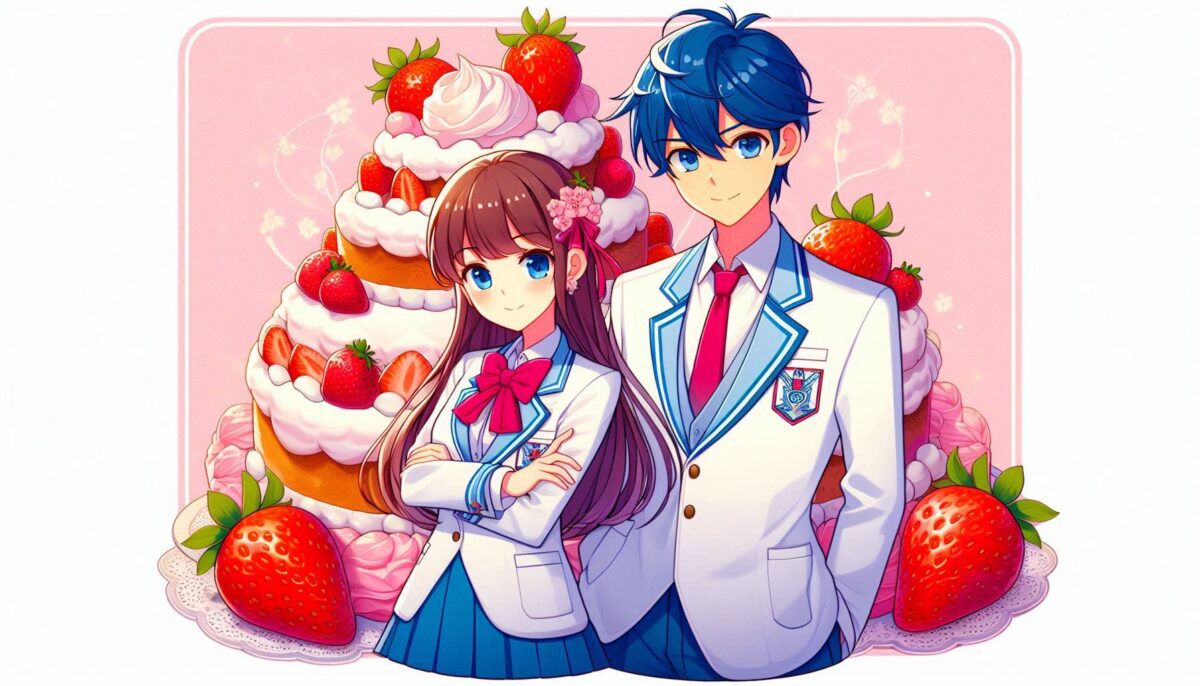 苺のホールケーキと高校生の男女