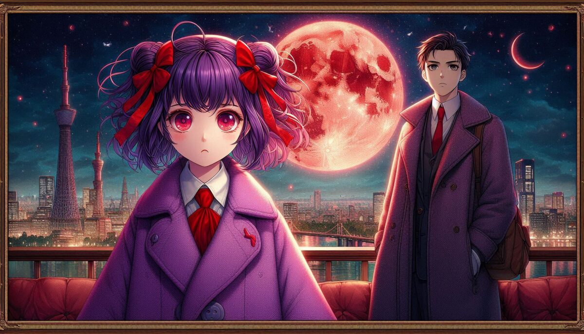 紫色の髪の少女とトレンチコートを着た若い男性