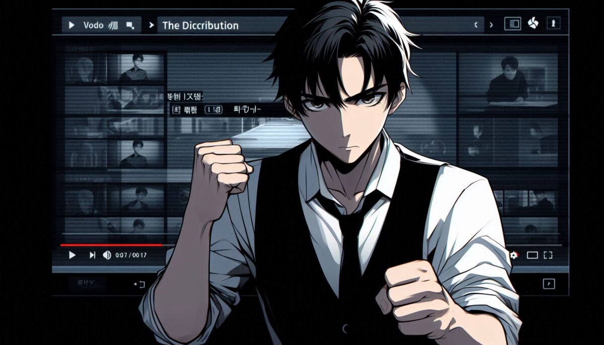 動画サービスの画面を背景にファイティングポーズをとる男性