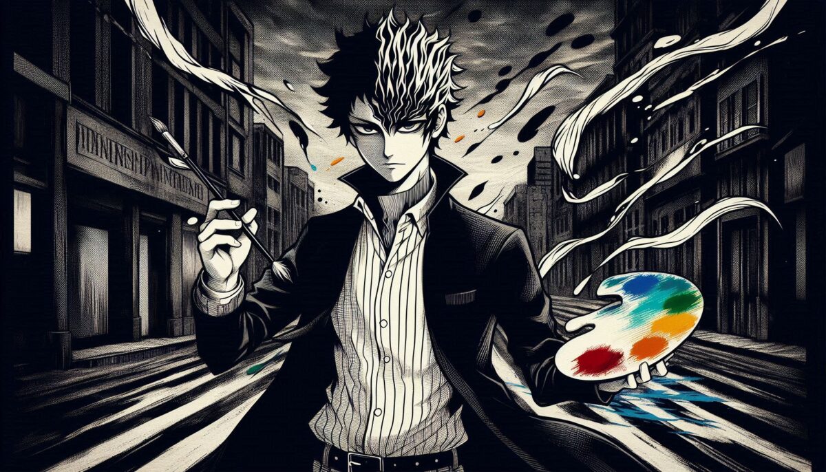 路上で仁王立ちする画家の男性