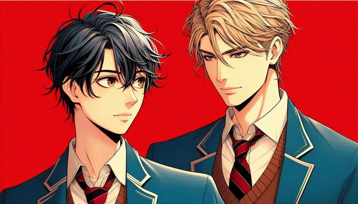 男子高校生を見つめる金髪の男性