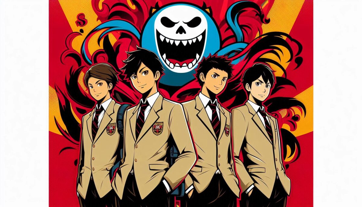 茶色のブレザー服を着た男子高校生グループとモンスター