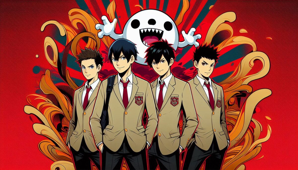 ドクロのモンスターと4人の男子高校生