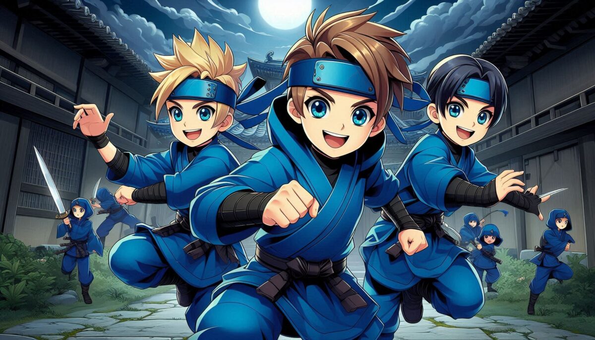 青い忍者装束を着た3人の少年