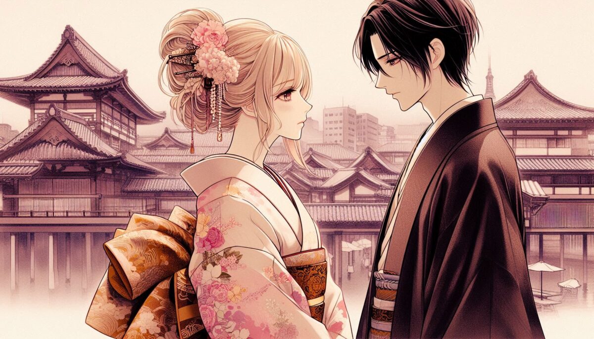 見つめ合う和装の男女