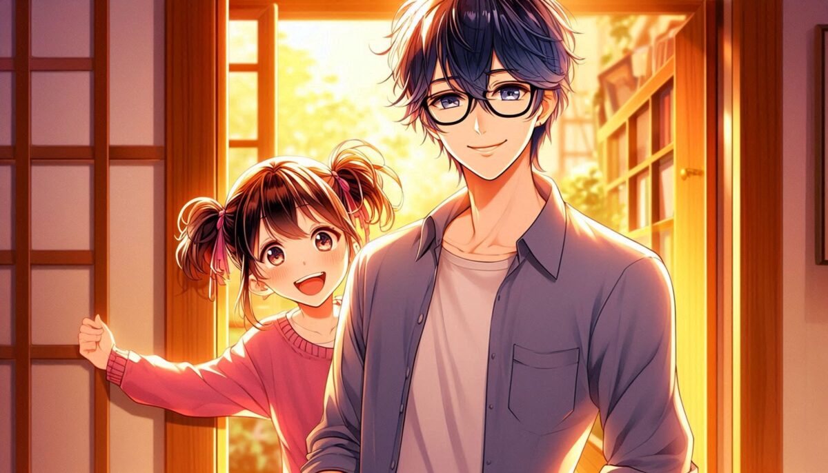 アパートの玄関に立つ20代の男性と小学生の女の子