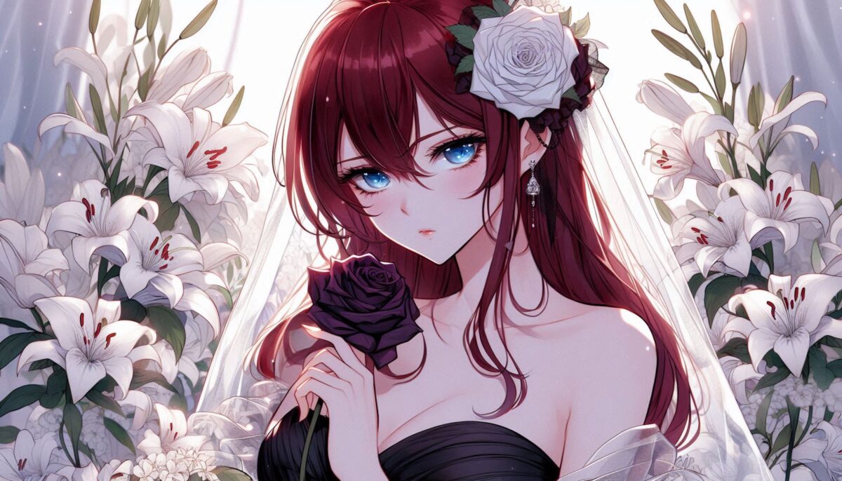 白の花の髪飾りをつけて黒いバラを持つ花嫁