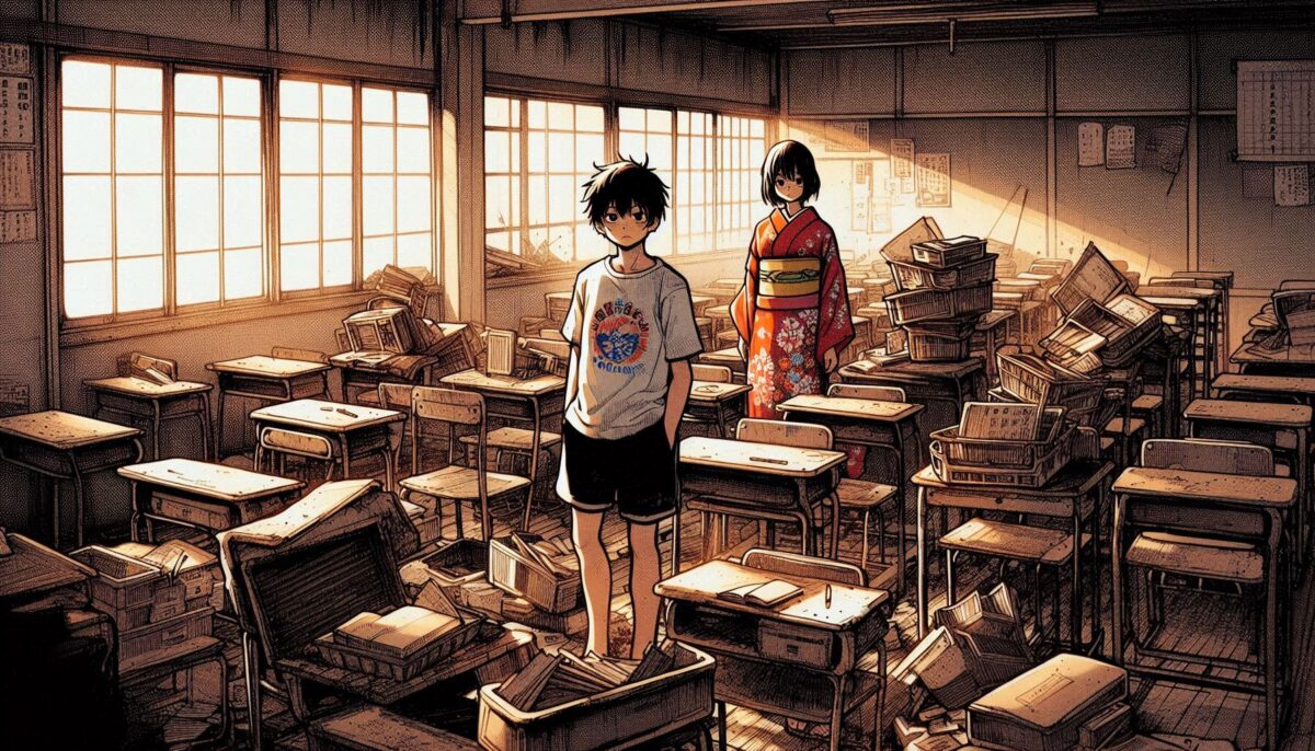 夕暮れの教室で佇む少年と少女