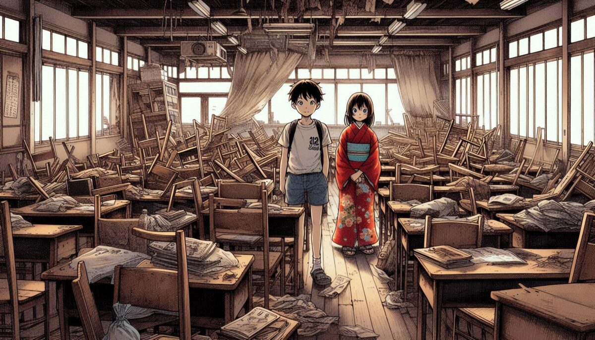 荒れ果てた教室にいる夏服の少年と着物姿の少女