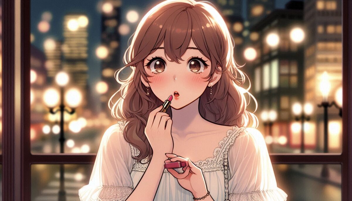 夜の繁華街で化粧を直している女性