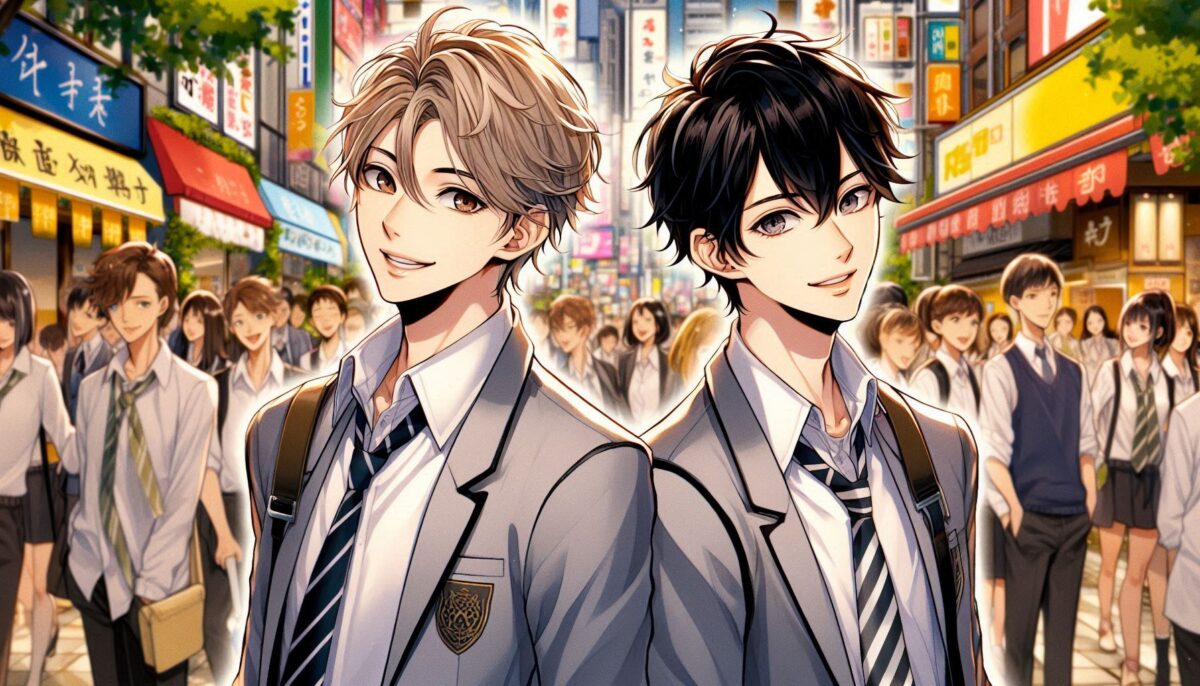 背中合わせに立つ二人の男子高校生