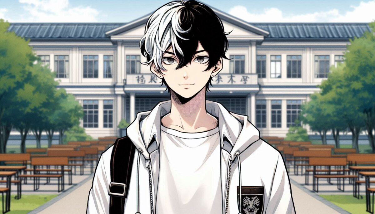 右半分が白髪の高校生の少年