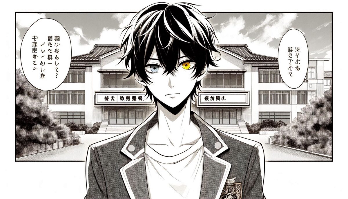 高校の前に立つオッドアイの少年